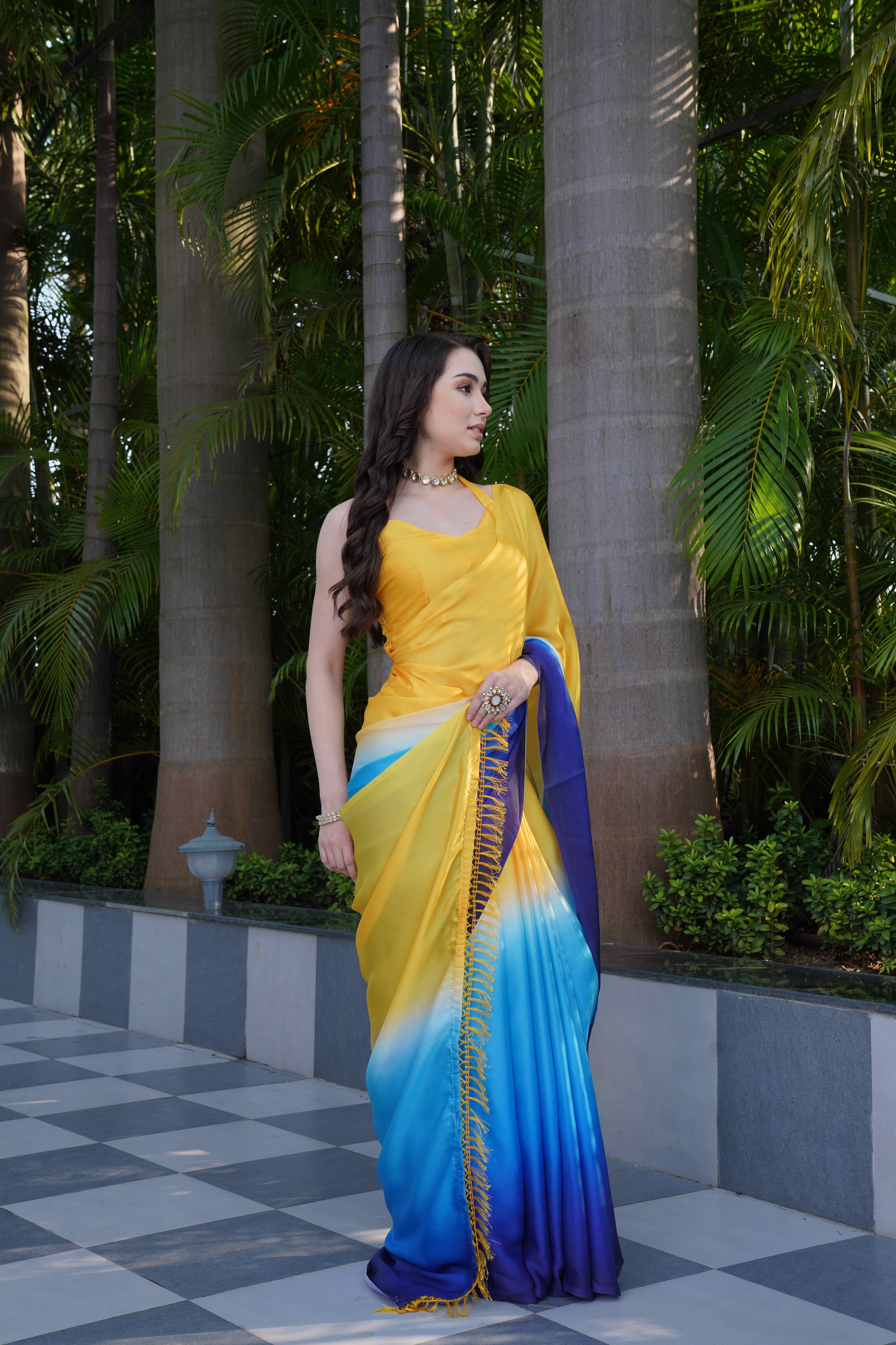 Yellow Blue Colour Block Georgette Saree